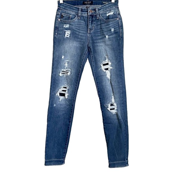 Judy Blue Skinny Fit Distressed Jeans Size 3 / 26 Stretch Denim Camo Details - Picture 2 of 14